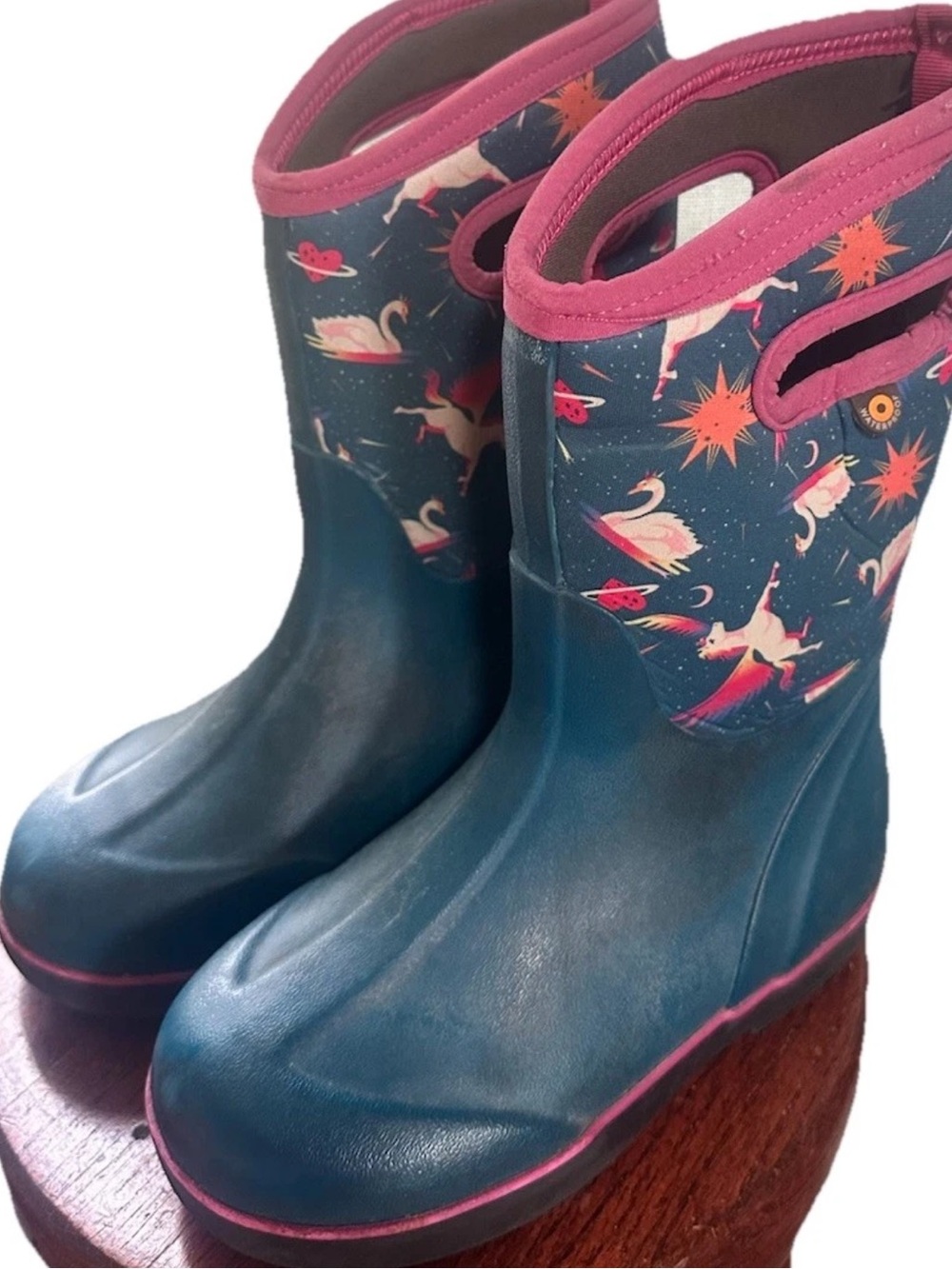 Bogs Blue Kids Rain Boots with Pink Trim & Unicorn Print